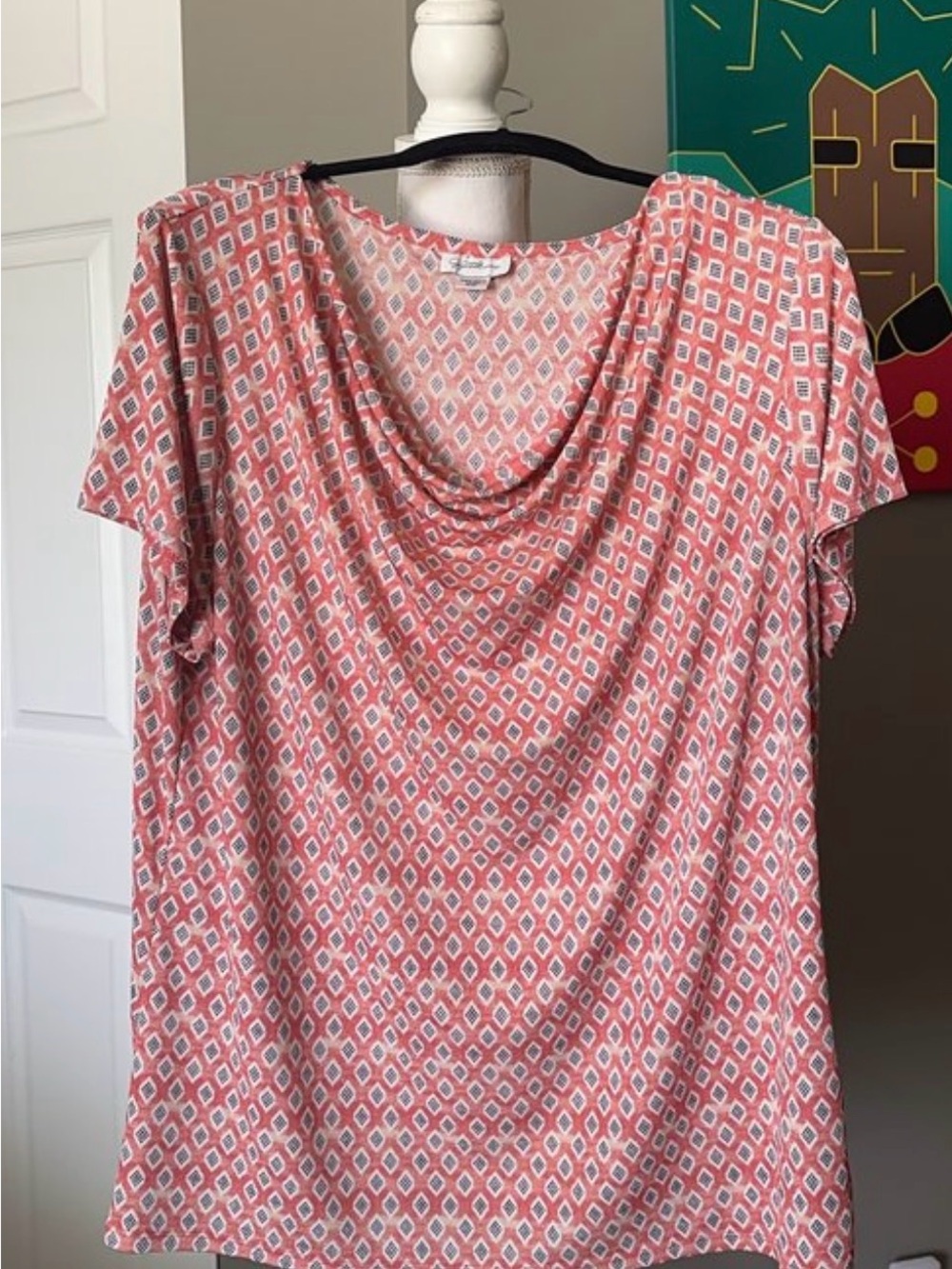 Jaclyn Smith Coral Pink Geo-Print Draped Neck Blouse
